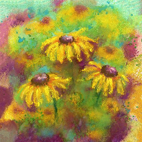 Parterre de fleurs avec rudbeckias jaunes Aquarelle et pastel