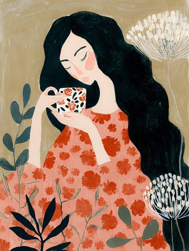 Femme avec une robe à fleurs profitant d'un moment de repos avec un café