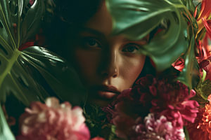 botanische Kunst mit einer Frau zwischen Blumen und Pflanzen