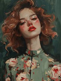 Portrait en vert et rose sur Carla Van Iersel