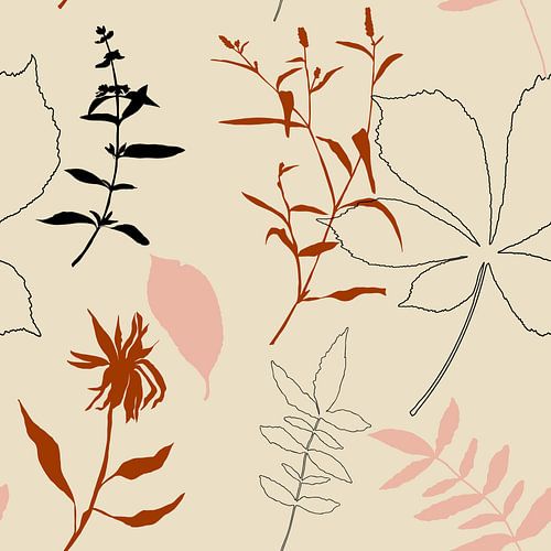 Botanische kunst in boho stijl. Bloemen en bladeren in retro kleuren. Roze, zwart, terra, beige