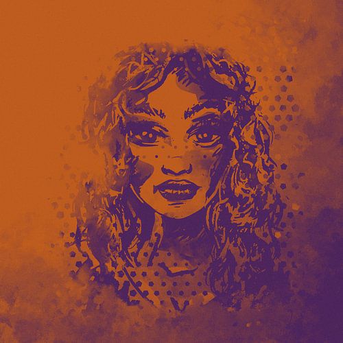 Oranje en paars kunstwerk - vrouw met krullende haren