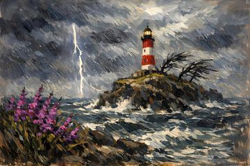 Lighthouse during storm by Linda de Klein