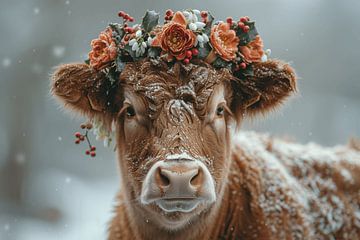 Floral splendour in the Black Forest: Cow with a wreath of flowers - Lively photography for lovers of the countryside by Poster Art Shop