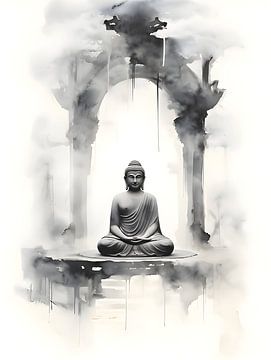 Buddha in waterverf tempel van Moody Mindscape