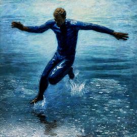 Blauwe vreugdevolle sprong