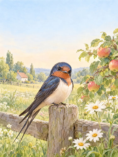 Schwalbe am Holzzaun – Gänseblümchen im Licht