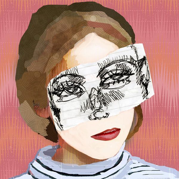 Abstract modern portrait of a girl in retro pastel pink, brown, blue with geometric patterns by Dina Dankers