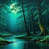 Forêt magique à la lueur argentée de la pleine lune - arbres gardiens, ombres chuchotantes et lueur magique des lucioles dans une forêt nocturne féerique sur AidasignArt