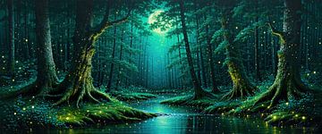 Magisch bos in de zilveren gloed van de volle maan - schildwachtbomen, fluisterende schaduwen en de magische gloed van vuurvliegjes in een sprookjesbos bij nacht van AidasignArt