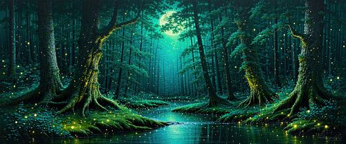 Magisch bos in de zilveren gloed van de volle maan - schildwachtbomen, fluisterende schaduwen en de magische gloed van vuurvliegjes in een sprookjesbos bij nacht