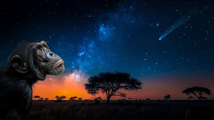 A chimpanzee looks up at a dark star-filled sky with a comet by Luc V. de Zeeuw