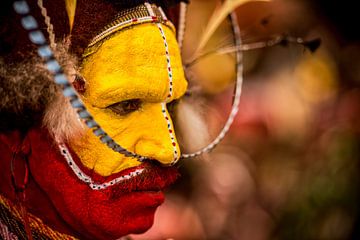 Colorfully painted Huli man at Mount Hagen festival in Papua New Guinea. by Ron van der Stappen