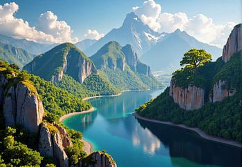 Lac de montagne et falaises avec un seul arbre