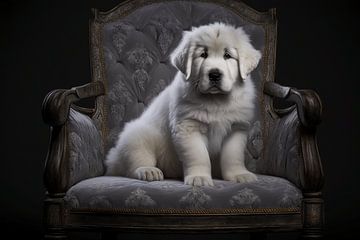 Le chiot est merveilleusement assis sur une chaise baroque. sur Karina Brouwer