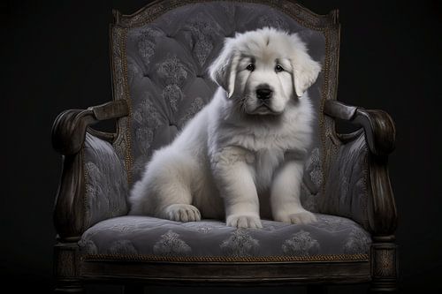 Le chiot est merveilleusement assis sur une chaise baroque.