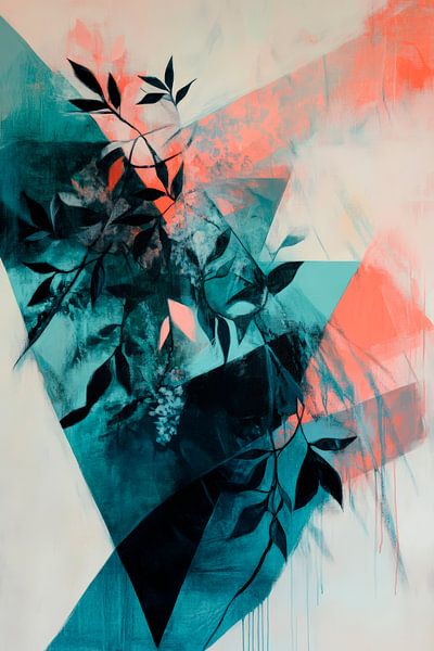 Geometrische Pflanzenkomposition in Blau-Rot von Poster Art Shop