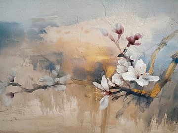 Mixed media schilderij van een tak met Appelbloesem van Studio Pieternel