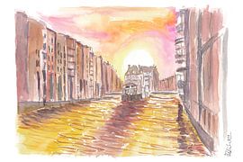 Coucher de soleil à Hambourg avec l'inimitable quartier historique des entrepôts