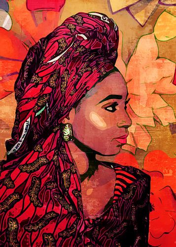 Portret van Afrikaanse vrouw met rode dhuku doek hijab hidjab hoofdband