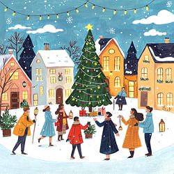 Kerstplein in het dorp in heldere kleuren