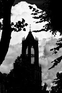 Tegenlicht in Utrecht: Silhouet van de Domtoren in Utrecht (monochroom) van André Blom Fotografie Utrecht