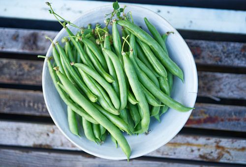 Verse groene bonen in grijze kom