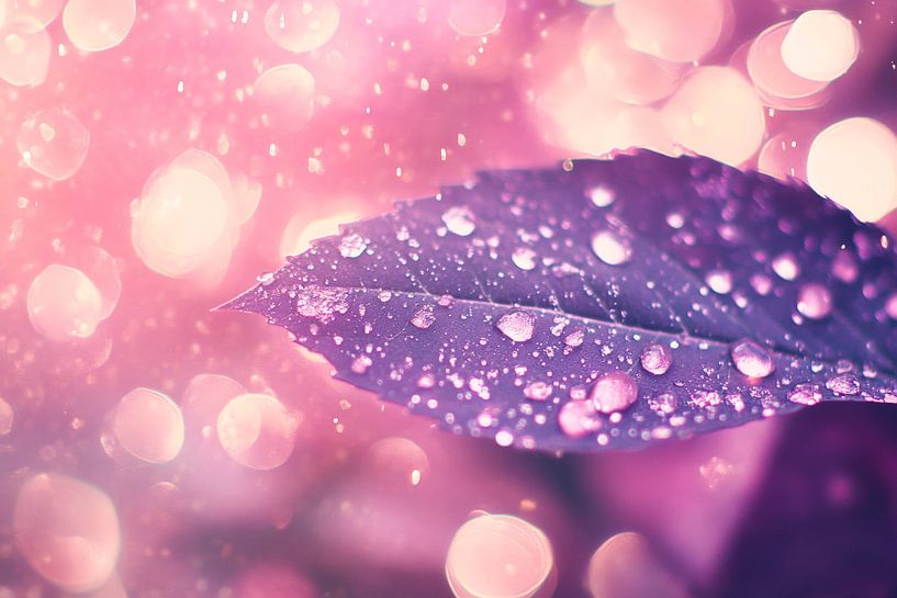 Wassertropfen auf lila Blatt von Poster Art Shop