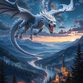 LUMENVARIS – Ein weißer Drache fliegt in der Nacht über ein Tal von INFERAURUM