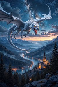LUMENVARIS – Un dragon blanc vole la nuit au-dessus d’une vallée