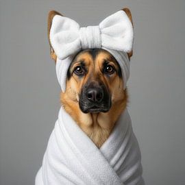 Süßer Deutscher Schäferhund mit Bademantel. von Costas Ganasos