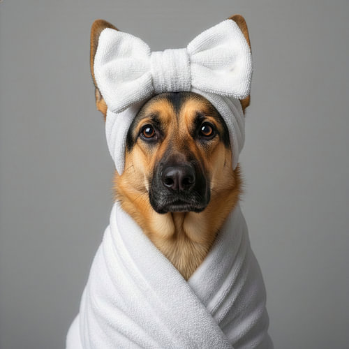 Süßer Deutscher Schäferhund mit Bademantel.