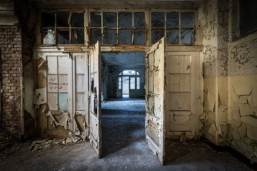 Doors to corridor in old dilapidated building by Inge van den Brande