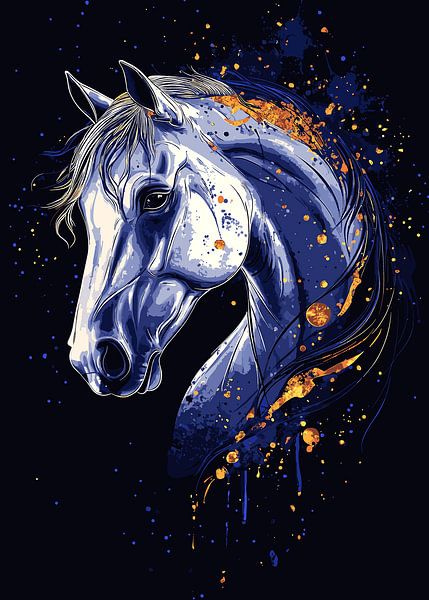 Majestätisches Pferdeporträt in Blau und Gold von Pixelbull Design