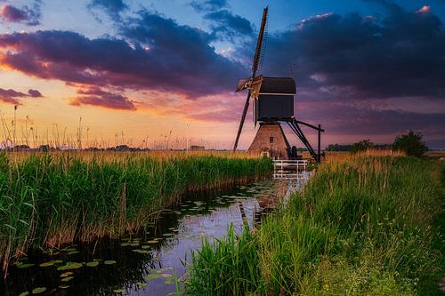 Hollands landschap met zonsondergang
