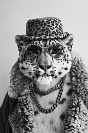 Snow leopard in hat and glasses, black and white portrait by Poster Art Shop