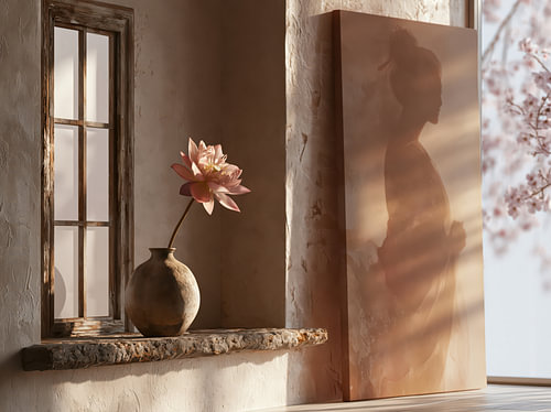 Japandi-Vase  auf der Fensterbank mit Geisha-Silhouette