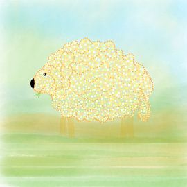 Pointillisme kunstwerk SCHAAP in beige, groen, blauw van Studio Spanjersberg