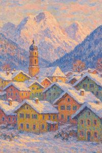 Bayerische Geigenstadt Schneebedeckte Straße – Monet-Stil Historischer Deutschland-Druck