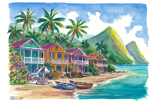 Colourful Caribbean houses at the foot of the majestic Pitons of St Lucia by Markus Bleichner
