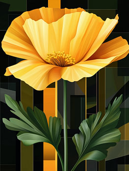 Fleur de pavot jaune vif avec des feuilles vertes sur fond abstrait