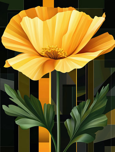 Vibrant yellow poppy flower with green leaves against abstract