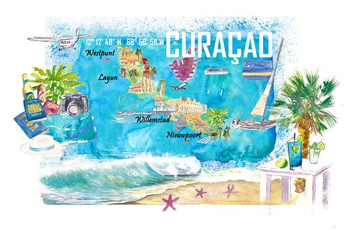 Curacao Antilles néerlandaises Île des Caraïbes Carte de voyage illustrée avec To