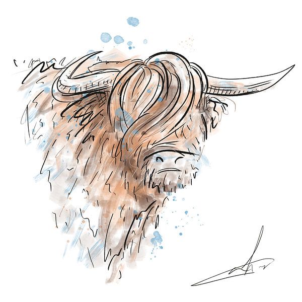 Digitaal artwork - schotse hooglander - aquarel van Emiel de Lange