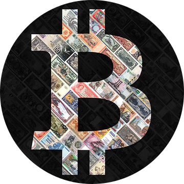 "Bitcoin over bank notes" - Bitcoin kunst - logo achter oude, opgeschorte bankbiljetten van Roger VDB