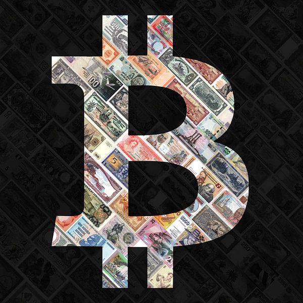 Bitcoin over bank notes" - Bitcoin art - logo derrière de vieux billets de banque suspendu par Roger VDB