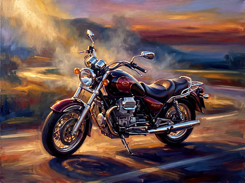 Une Moto Guzzi California à la lumière du matin