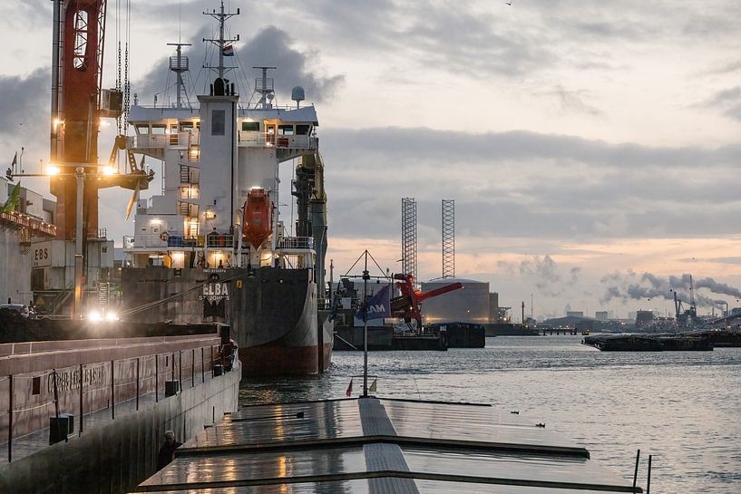Cargo ship early in the morning in the port of Rotterdam. by Janny Beimers