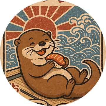 Schattige otter met vissnack - Retro Japanse illustratie van Jordan Fenix Gallery