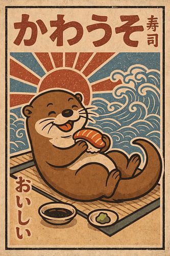 Schattige otter met vissnack - Retro Japanse illustratie